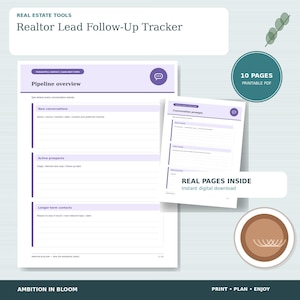 Può includere: Una cartella di lavoro di 10 pagine in formato PDF stampabile per il monitoraggio dei lead immobiliari. Il documento presenta una panoramica della pipeline con sezioni per nuove conversazioni, prospect attivi e contatti a lungo termine.