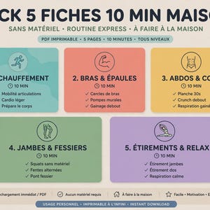Peut inclure: Un guide d'exercices numériques intitulé PACK 5 FICHES 10 MIN MAISON avec cinq sections colorées : bleu sarcelle pour l'échauffement, corail pour les bras et épaules, jaune pour les abdos et core, vert pour les jambes et fessiers, et violet pour étirements.