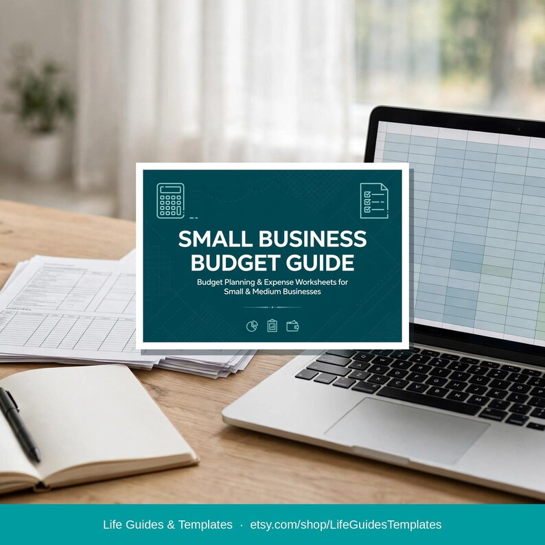 May include: A dark teal rectangular sign with white text reading Small Business Budget Guide, Budget Planning & Expense Worksheets for Small & Medium Businesses, featuring icons of a calculator, checklist, pie chart, clipboard, and wallet.