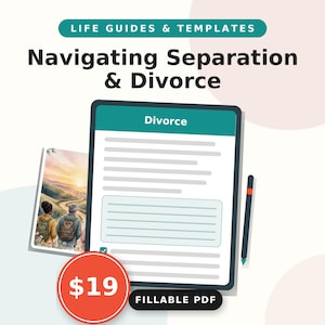 Puede incluir: Un documento digital titulado Navigating Separation & Divorce con un encabezado verde azulado, campos de texto rellenables y una casilla de verificación. Al lado hay una pequeña ilustración de dos personas con mochilas en un camino.