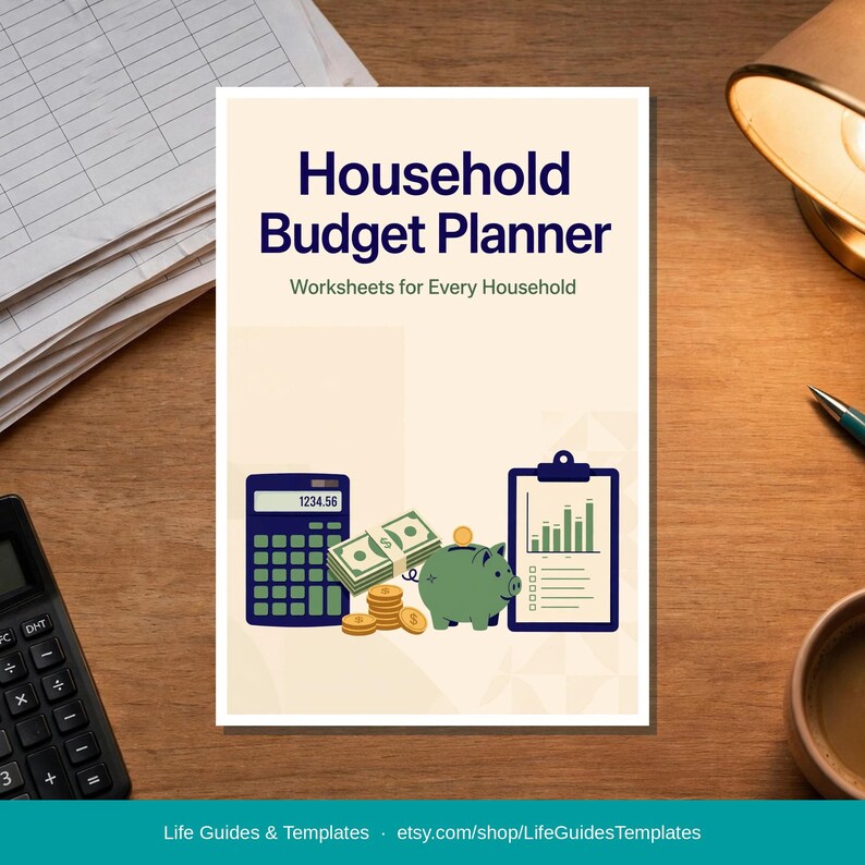 May include: A rectangular Household Budget Planner cover with a cream background, dark blue text, and a graphic featuring a dark blue calculator, a stack of green paper money, gold coins, a green piggy bank, and a clipboard with a bar graph.