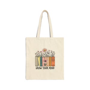 Grow Your Mind book stack Tote Bag | floral books illustration