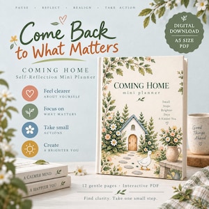 May include: A digital A5 PDF mini planner titled Coming Home featuring a cottage illustration with a white duck, flowers, and trees. The cover includes text about self-reflection, small steps, and brighter days. The set includes 12 interactive pages.