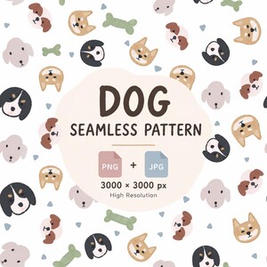 May include: A seamless pattern featuring watercolour illustrations of various dog breeds and green bones on a white background. The central text reads DOG SEAMLESS PATTERN, PNG + JPG, 3000 x 3000 px, and High Resolution in dark brown lettering.