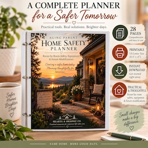 以下が含まれることがあります： Aging Parent Home Safety Plannerというタイトルの白い3リングバインダーで、表紙には夕暮れの風景画像が描かれています。テキストにはRoom-by-Room Safety, Equipment & Future Modificationsが含まれています。28ページ、印刷可能な21.59 x 27.94 cmサイズ、即時ダウンロード、実用的なツールのアイコンが含まれています。