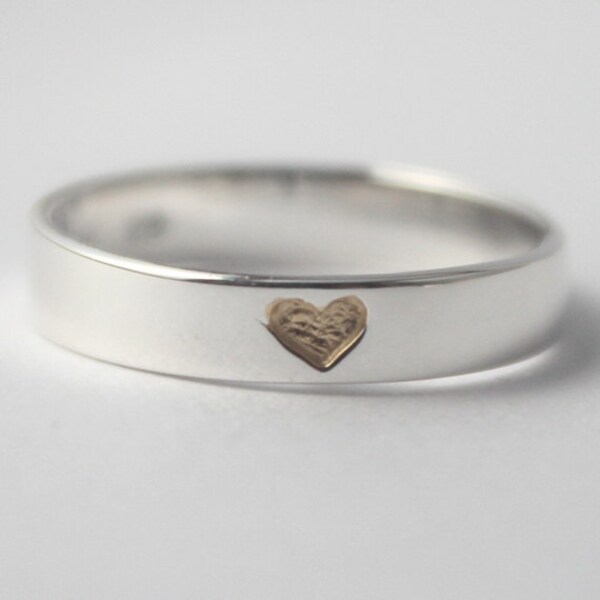 Gold Hidden Heart 925 Sterling silver Ring with tiny gold plated heart w. carved heart inside. Valentines.
