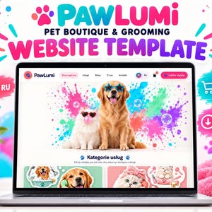 May include: A digital website template for a pet boutique and grooming business displayed on a laptop screen. The design features a golden retriever and a white cat wearing star-shaped sunglasses, surrounded by colorful paint splatters and bubbles.