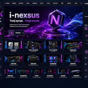 May include: A dark-themed e-commerce website interface for computer hardware, featuring a central banner with the text i-nexsus, a neon purple N logo, and a grid of product categories including processors, graphics cards, and motherboards.