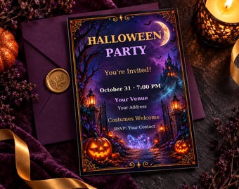 May include: A rectangular Halloween party invitation card featuring a dark purple and orange scene with a crescent moon, a castle, glowing jack-o'-lanterns, and iron gates. The text reads: HALLOWEEN PARTY, You're Invited!, October 31, 7:00 PM.
