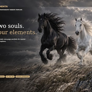 May include: A website template titled ELEMENTA EQUINE PHOTOGRAPHY WEBSITE TEMPLATE featuring the text Two souls. Four elements. A cinematic one-page portfolio for equine photographers. The image shows a black horse and a white horse running.