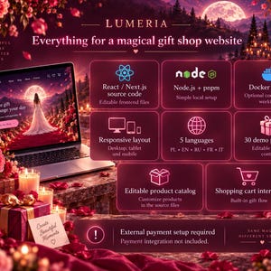 Pode incluir: Um portátil exibindo um modelo de site Lumeria rodeado por rosas e presentes. O gráfico lista características técnicas incluindo React, Next.js, Node.js, Docker, layout responsivo, 5 idiomas, 30 produtos de demonstração e carrinho.
