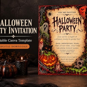 Szablon zaproszenia na imprezę halloweenową w stylu gotyckim dla serwisu Canva – edytowalne zaproszenie cyfrowe