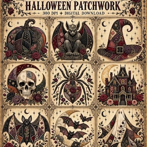 Paquete de imágenes PNG de Halloween con diseños góticos de patchwork y estilo vintage (descarga digital)