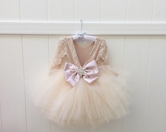 May include: A tulle dress with a lace bodice and long sleeves. The dress has a large pink satin bow with a jeweled embellishment in the center.
