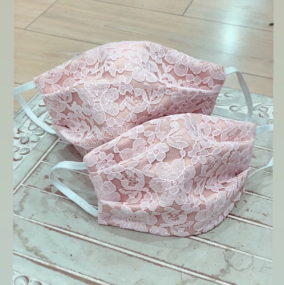 Mommy and Me SET • Bridal Mask, Blush Pink Lace Mask, Fashion Mask, Protective Mask, Adult Mask with open filter pocket