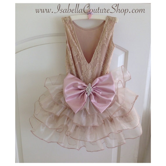 ANGELA Dress - Flower Girl Dress - Lace Dress - Lace Dress - Big Bow Dress - Tutu Dress - Crystal Dress - Wedding Dress by Isabella Couture