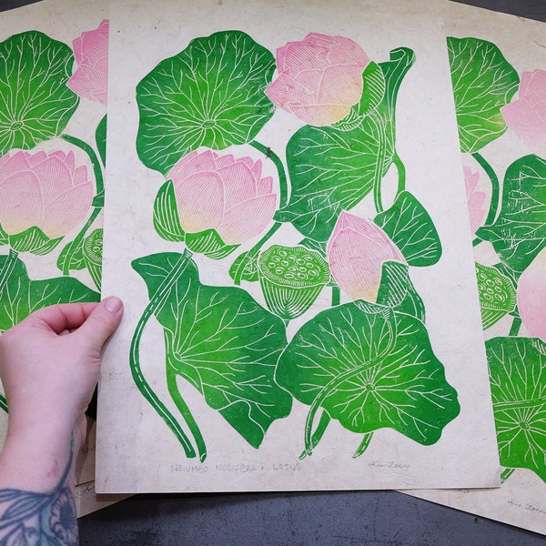 Lotus Original Linocut Art Print | Nelumbo Nucifera