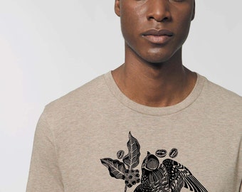 Hand Screen Printed Men's Hawk & Coffee Plant Tee / Organic Cotton / Fair Trade