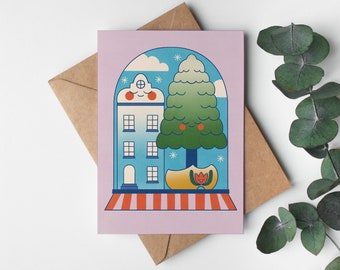 Amsterdam Snow Globe Holiday Card / Kawaii Style Illustrated Card / Dutch Themed Christmas Card