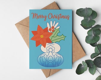 Delft Blue Bouquet Holiday Card / Kawaii Style Illustrated Card / Poinsettia Illustration