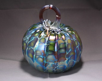 Sapphire & Olive Iridescent Glass Pumpkin