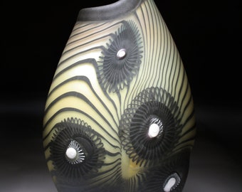 Hand blown glass Black and Gold Burst Pulled lip vessel