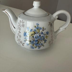 May include: A white ceramic teapot featuring a central floral bouquet of blue and yellow flowers, accented by delicate gold-trimmed edges on the spout, handle, and lid. The body is decorated with subtle, thin brown vine patterns on both sides.