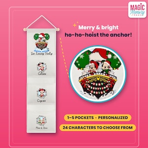 May include: A white hanging wall organizer with multiple pockets featuring Disney-themed holiday graphics. Each pocket displays a character illustration and custom text. The design includes Mickey and Minnie Mouse on a cruise ship.