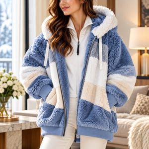 Damen-Kapuzenjacke, blauer Patchwork-Wintermantel, dicke Reißverschlussjacke, langärmlige Freizeitjacke