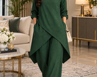 Women's Asymmetric Tunic Top & Wide Leg Pants Set, Modest Fall Outfit