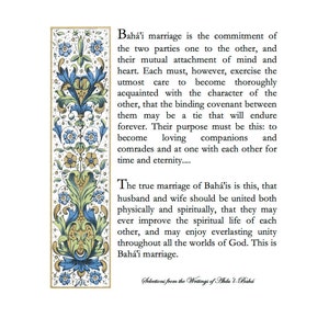 May include: A page of text discussing Bahá'í marriage, framed by a decorative floral border in shades of blue, green, and gold. The black text includes a quote from the Writings of Abdu'l-Bahá.