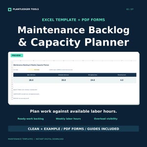 May include: A digital Maintenance Backlog & Capacity Planner Excel template and PDF form set. The interface displays a table with columns for open, scheduled, net capacity, and remaining labor hours, with text headers and instructional notes.