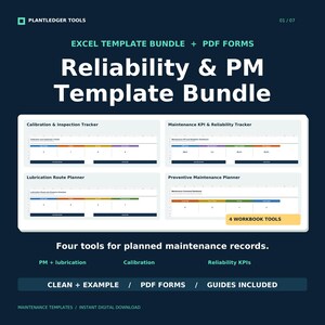 May include: A digital Excel template bundle and PDF forms for maintenance management. The graphic displays four tools: Calibration & Inspection Tracker, Maintenance KPI & Reliability Tracker, Lubrication Route Planner, and Preventive Maintenance Planner.