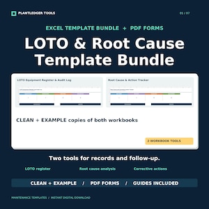 May include: A digital LOTO and Root Cause Template Bundle featuring Excel workbooks and PDF forms. The display includes a LOTO Equipment Register and Audit Log, a Root Cause and Action Tracker, and notes that clean and example copies are included.