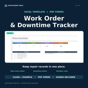 Könnte beinhalten: Eine Excel-Vorlage und PDF-Formulare zur Arbeitsauftrags- und Ausfallzeitenverfolgung von Plantledger Tools. Das Dashboard zeigt Wartungskennzahlen wie offene Arbeitsaufträge, abgeschlossene Arbeiten, Ausfallstunden und Kosten für Fremdleistungen.