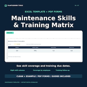 Puede incluir: Una plantilla digital de matriz de habilidades y formación de mantenimiento con formularios Excel y PDF. La interfaz muestra una vista previa de una hoja de cálculo con columnas para empleados, estado de calificación y seguimiento.