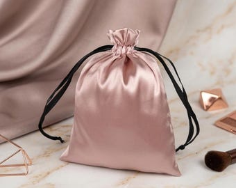 Rose Gold Satin Drawstring Pouch Custom Logo Bag Personalized Packaging Pouch Reusable Gift Bag Storage Dustproof