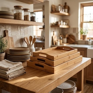 May include: A set of three rectangular bamboo serving trays with cutout handles, stacked on a wooden kitchen island. The trays feature a natural light wood grain finish and are positioned next to a stack of ceramic plates and folded linen napkins.