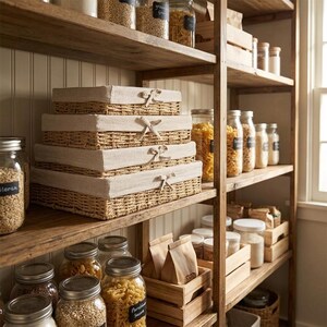 May include: A stack of four rectangular woven wicker baskets with light beige fabric liners and small fabric bows on the front, positioned on a wooden pantry shelf alongside various glass jars filled with dry goods and small wooden crates.