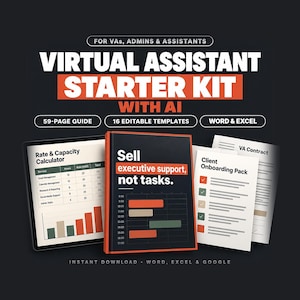 Puede incluir: Un kit de inicio para asistente virtual con IA que incluye una guía de 59 páginas, 16 plantillas editables y archivos Word y Excel. Se muestra una calculadora de tarifas y capacidad, un libro titulado Sell executive support, not tasks.