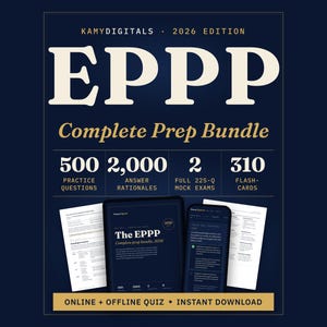 May include: A dark blue digital study guide titled EPPP Complete Prep Bundle 2026 Edition. It features 500 practice questions, 2,000 answer rationales, 2 full 225-Q mock exams, and 310 flashcards, displayed with tablet and phone screens.
