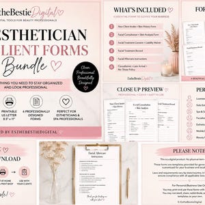 Pode incluir: Um pacote digital de 6 formulários para clientes de estética com uma paleta de cores rosa suave e branco. O conjunto inclui formulários de admissão, consulta, consentimento, registro de tratamento, cuidados pós-procedimento e políticas em 21,6 x 27,9 cm.