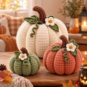 May include: Three crocheted pumpkins in cream, sage green, and burnt orange. Each pumpkin features a brown stem, green crocheted leaves, a curly vine, and a small white flower with a yellow center attached to the top of the pumpkin body.