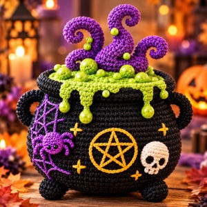 May include: A black crocheted cauldron featuring a green bubbling liquid top with purple swirls, a yellow pentagram, a white skull, and a purple spider on a web. The design includes small yellow stars and green beads.