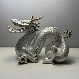 May include: A pearlescent white ceramic dragon figurine featuring gold-toned accents on its horns, mouth, and tail. The dragon is depicted in a coiled, serpentine pose with detailed scales, an open mouth, and a long, curved body structure.