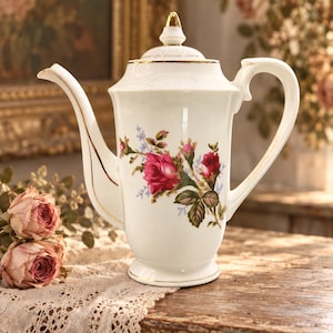 Puede incluir: Una cafetera de porcelana blanca con un estampado floral de rosas rojas y hojas verdes. La cafetera tiene una tapa, asa y boquilla con bordes dorados, con un cuerpo alto y esbelto y una base acampanada, mostrando un diseño clásico.