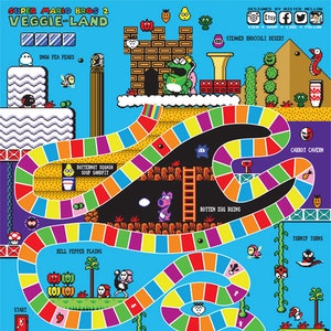 Könnte beinhalten: Ein farbenfrohes Spielbrett, inspiriert vom Videospiel Super Mario Bros. 2. Das Brett hat ein Veggie-Land-Thema mit Feldern wie Snow Pea Peaks, Butternut Squash Soup Sandpit, Bell Pepper Plains und Carrot Cavern. Das Brett ist für zwei Spieler ausgelegt und enthält eine Vielzahl von Feldern mit verschiedenen Herausforderungen und Belohnungen.