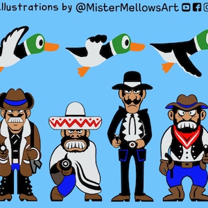May include: A digital illustration of three cartoon cowboys with different hats and facial expressions. The cowboys are standing in front of a blue background with three cartoon ducks flying overhead. The text "Illustrations by @MisterMellowsArt" is at the top of the image.