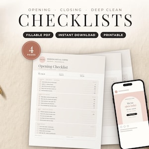 Puede incluir: Un conjunto de cuatro listas de verificación imprimibles para la apertura, cierre y limpieza profunda de una cafetería. Los documentos presentan un diseño limpio con casillas de verificación. Un teléfono inteligente muestra un gráfico digital.