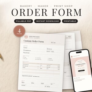 Op de afbeelding: Een bestelformulier-sjabloon voor een bakkerij met vier pagina's aan invulbare PDF-documenten. Het formulier bevat secties voor klantgegevens, bestelspecificaties en betalingsinformatie. Een smartphone toont een bijpassende digitale interface voor bestellingen.